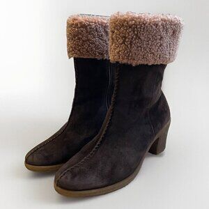 Brilliant Waterproof Suede Leather Heeled Boot Women 10M Brown Sherpa Mobwife